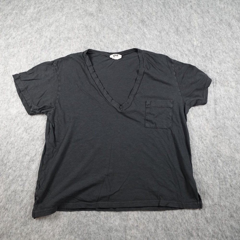 LNA Top Women‎ Medium Black VNeck Short Sleeve Cotton Slub Pocket Plunge Boxy